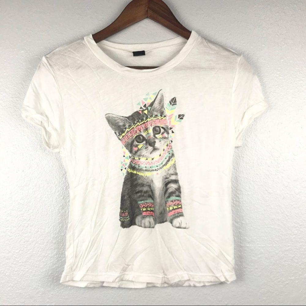 New Girls Cat Print Graphic T Shirt Size L